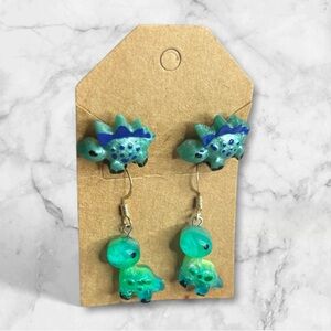 Dinosaur Dangle Earrings Green and Blue